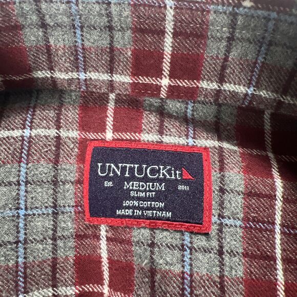 Untuckit Shirt Mens Slim Fit Flannel Red Gray Plaid LS Button Up Cabero Medium - Picture 5 of 10